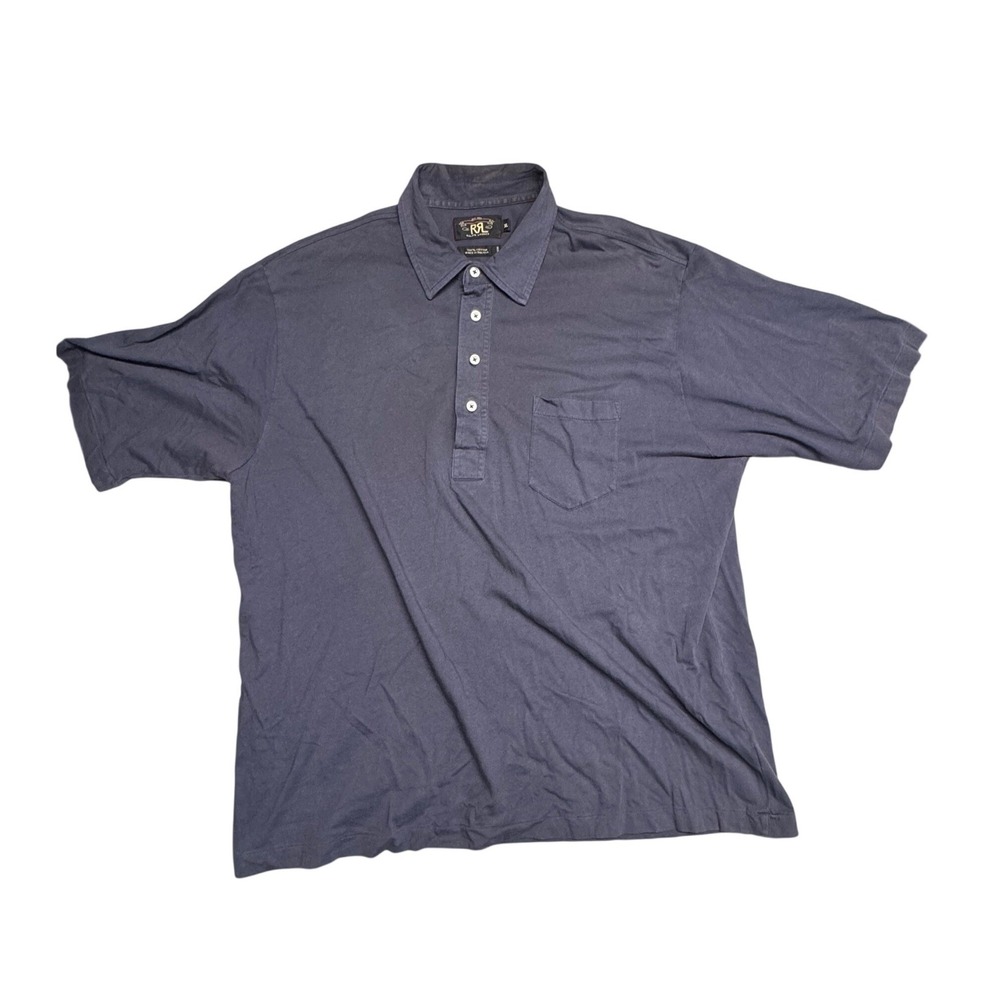 RRL Ralph Lauren Mens XL Blue Cotton Short Sleeve Pocket Polo Shirt Vintage